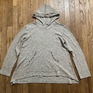 Cozy Gray Heathered Sweater Hooded Embroidered Boho Cottage Women Casual Top S/M